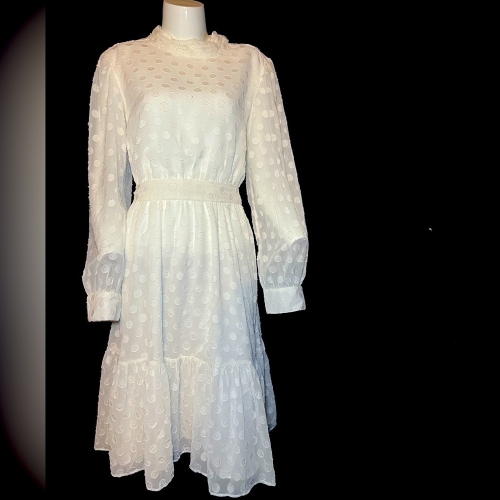 High neck, white on white polka dots, Downeast Michelle in gardenia, size Large
